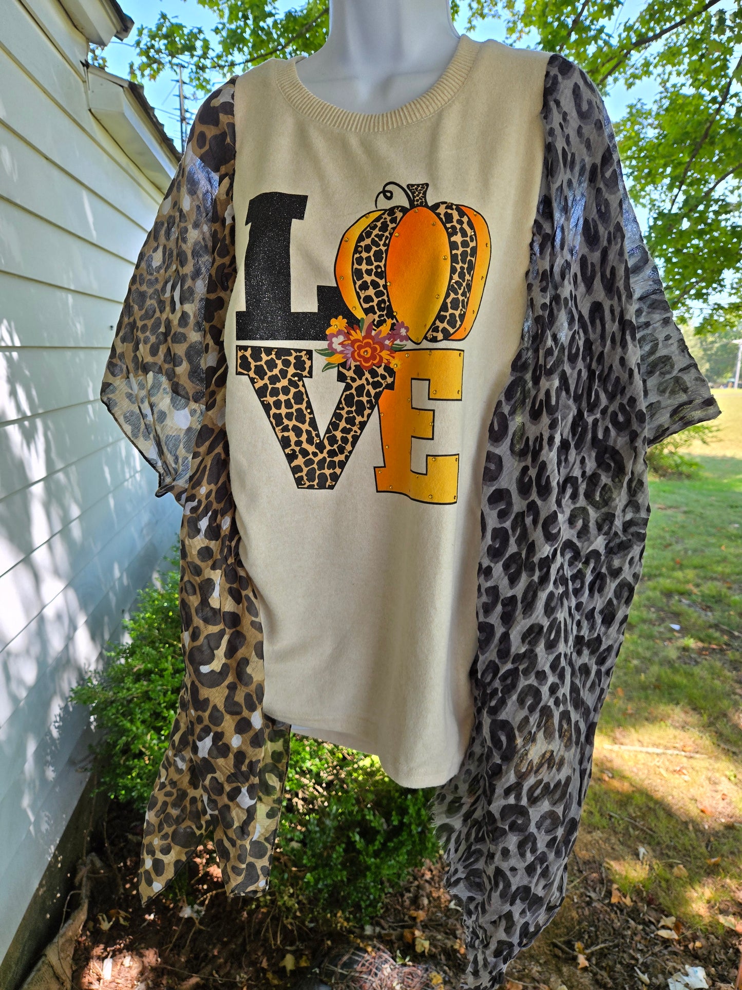 Upcycled Love Pumpkin Cheetah Scarf Sweater