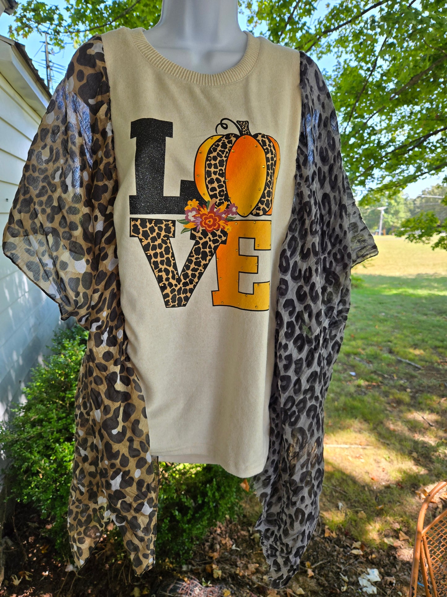 Upcycled Love Pumpkin Cheetah Scarf Sweater