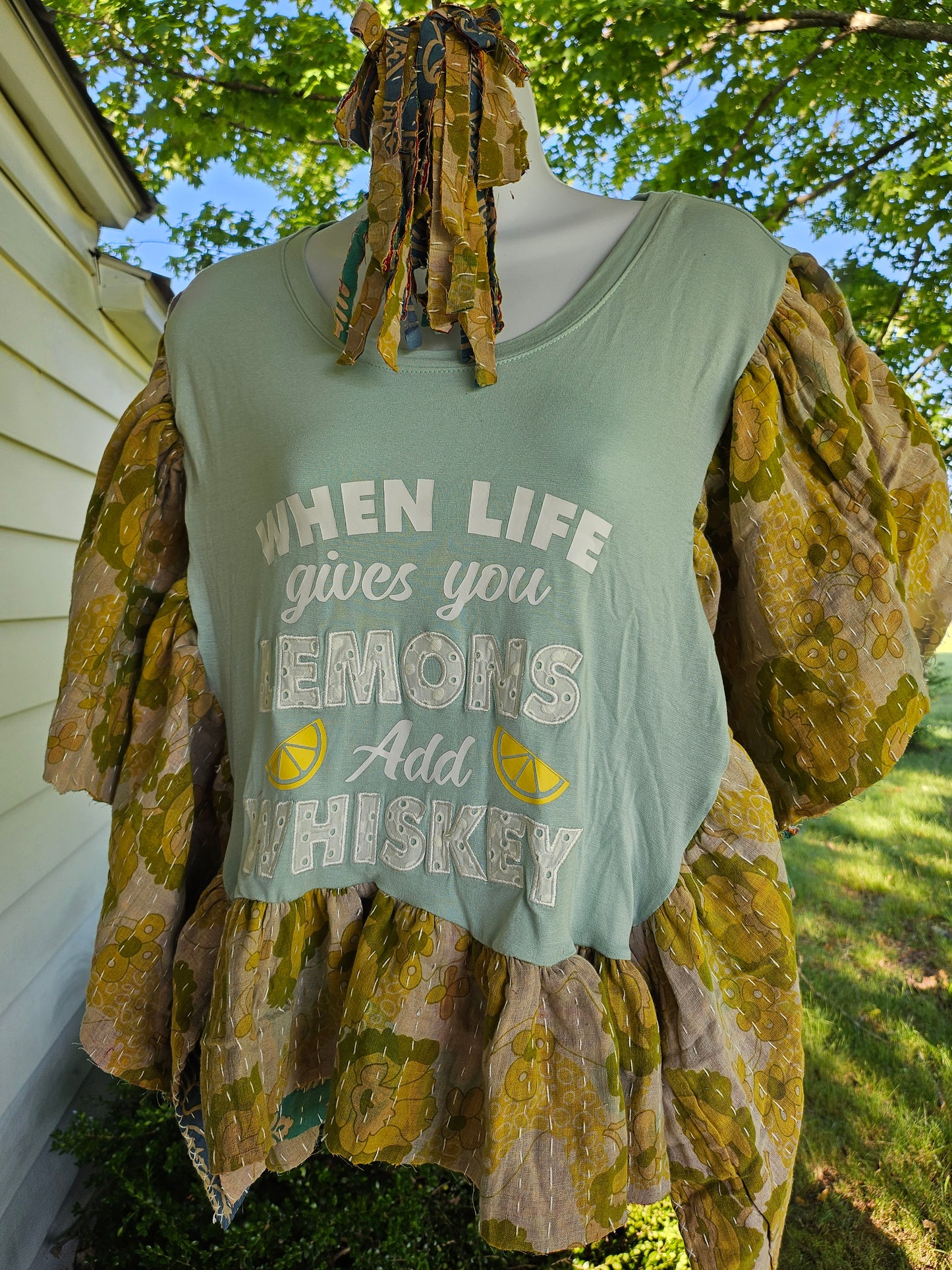 Upcycled Lemon Kantha Tee (earrings not included)