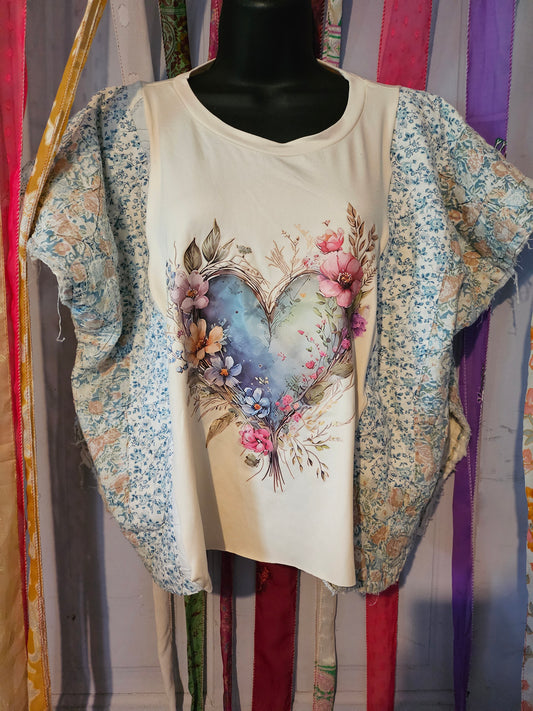 Upcycled Vintage Quilt Floral Heart Tee