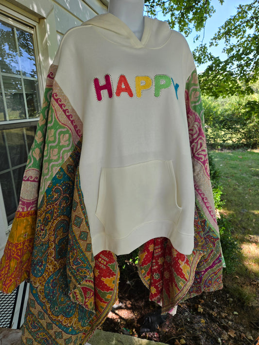 Upcycled Happy Kantha Sweatshirt with Hood