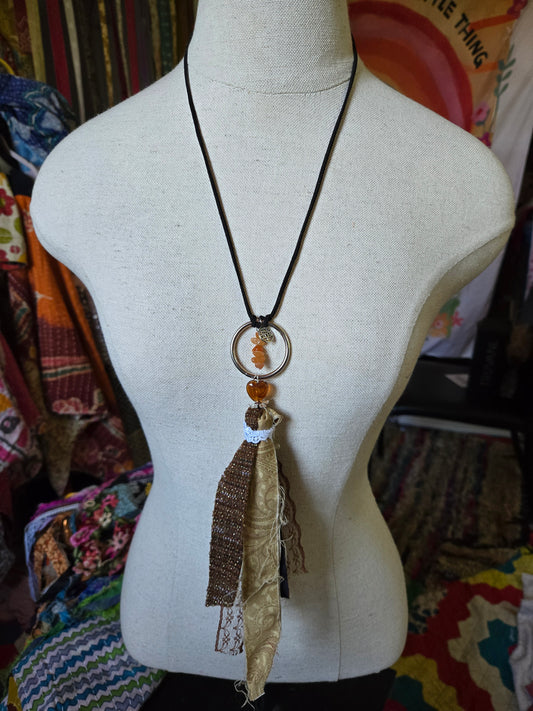 Upcycled Stone Tassel Ribbon Necklace