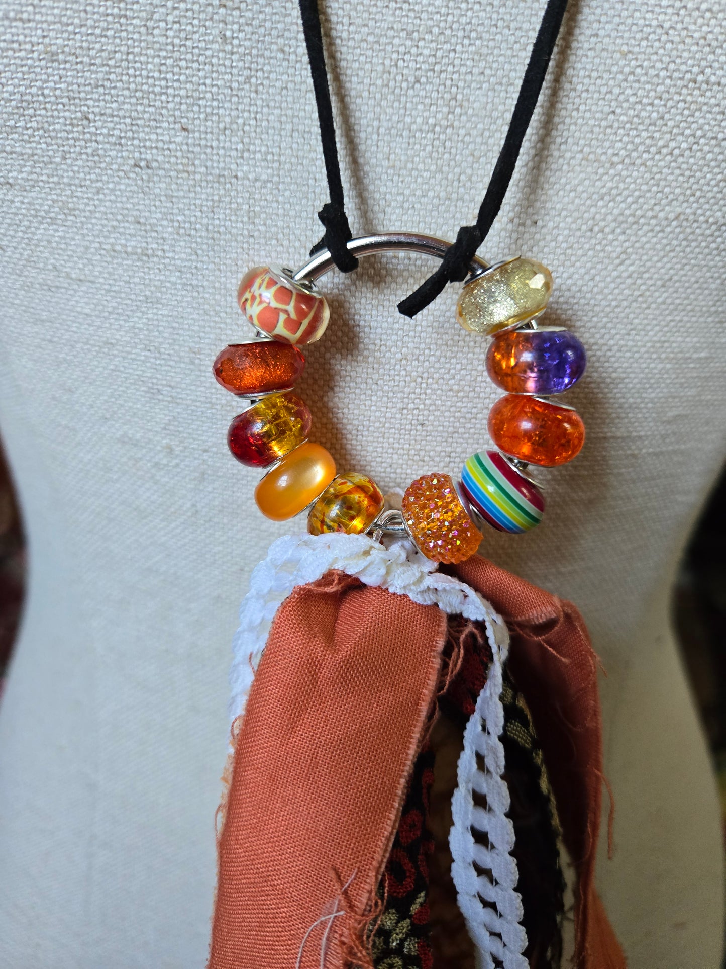 Upcycled Bead Ribbon Tassel Necklace