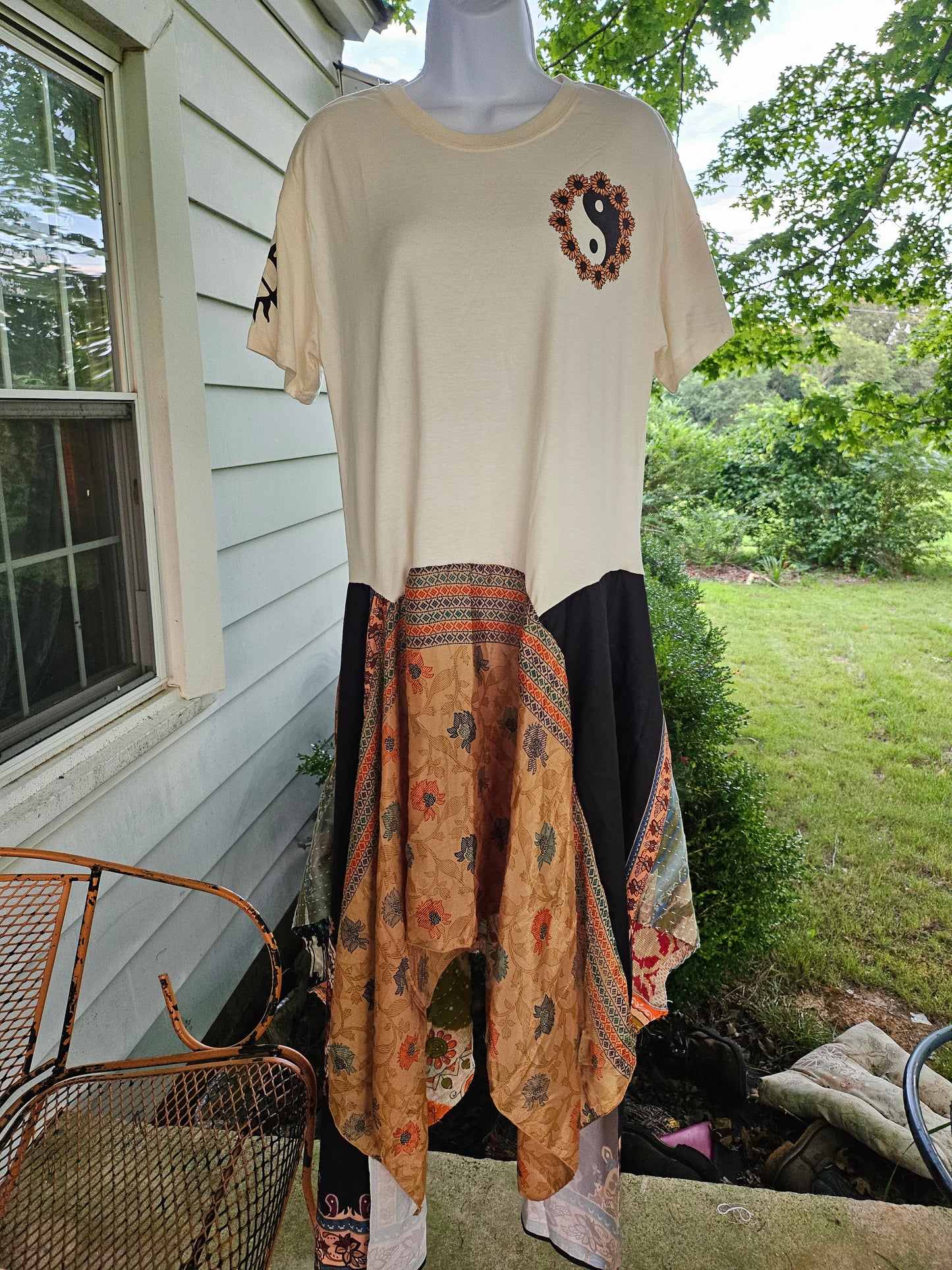 Upcycled Peace Flower Kantha/Silk Dress Tee