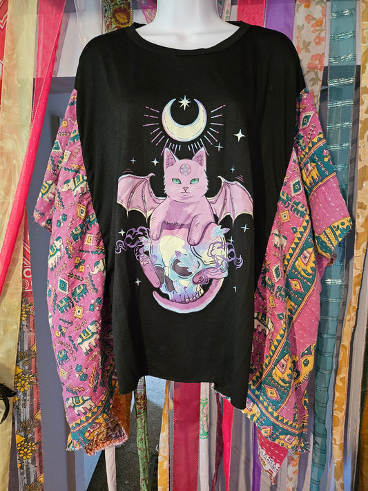 Upcycled Moon Cat Kantha Tee