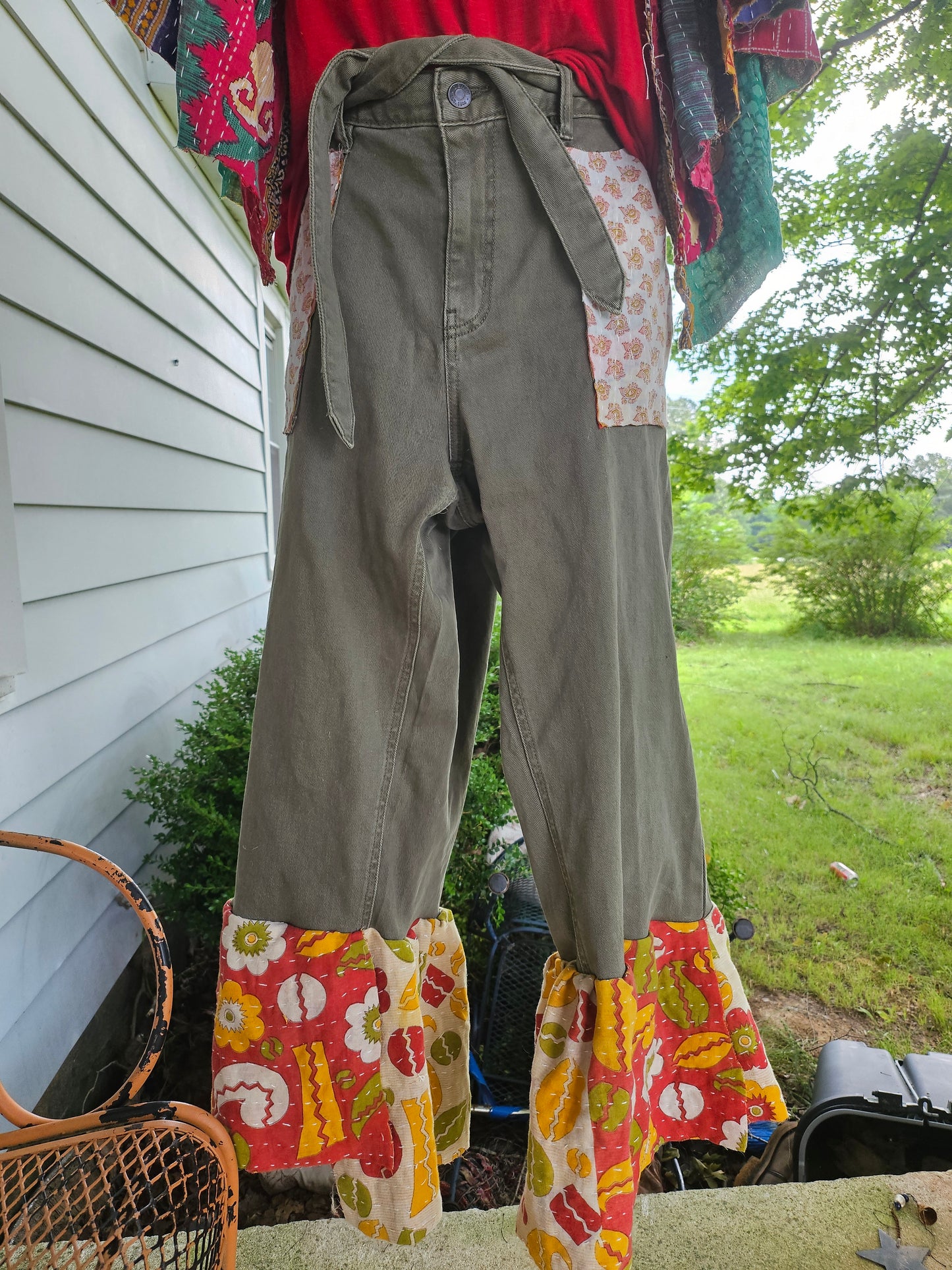 Upcycled Green Denim Ruffle Pants