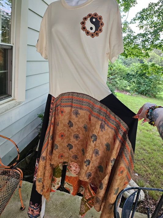 Upcycled Peace Flower Kantha/Silk Dress Tee