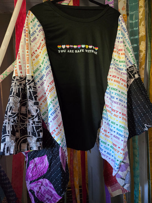 Upcycled Pride You Are Safe With Me Kantha Tee